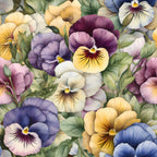 pansy flowers, floral pattern, purple pansies, yellow pansies, white pansies, lavender blooms, botanical design, garden flowers,, fabric panel, spring flowers, colorful petals, green leaves, soft pastels, realistic florals, nature motif, bloom clusters, delicate artwork, cotton fabric, quilting material