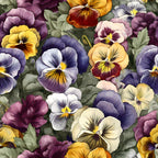 pansy flowers, purple petals, yellow centers, orange blooms, lavender hues, burgundy flowers, floral pattern, botanical design, garden flowers,, fabric panel, realistic illustration, dense floral, green foliage, spring blooms, violet tones, watercolor style, nature motif, seamless pattern, detailed petals