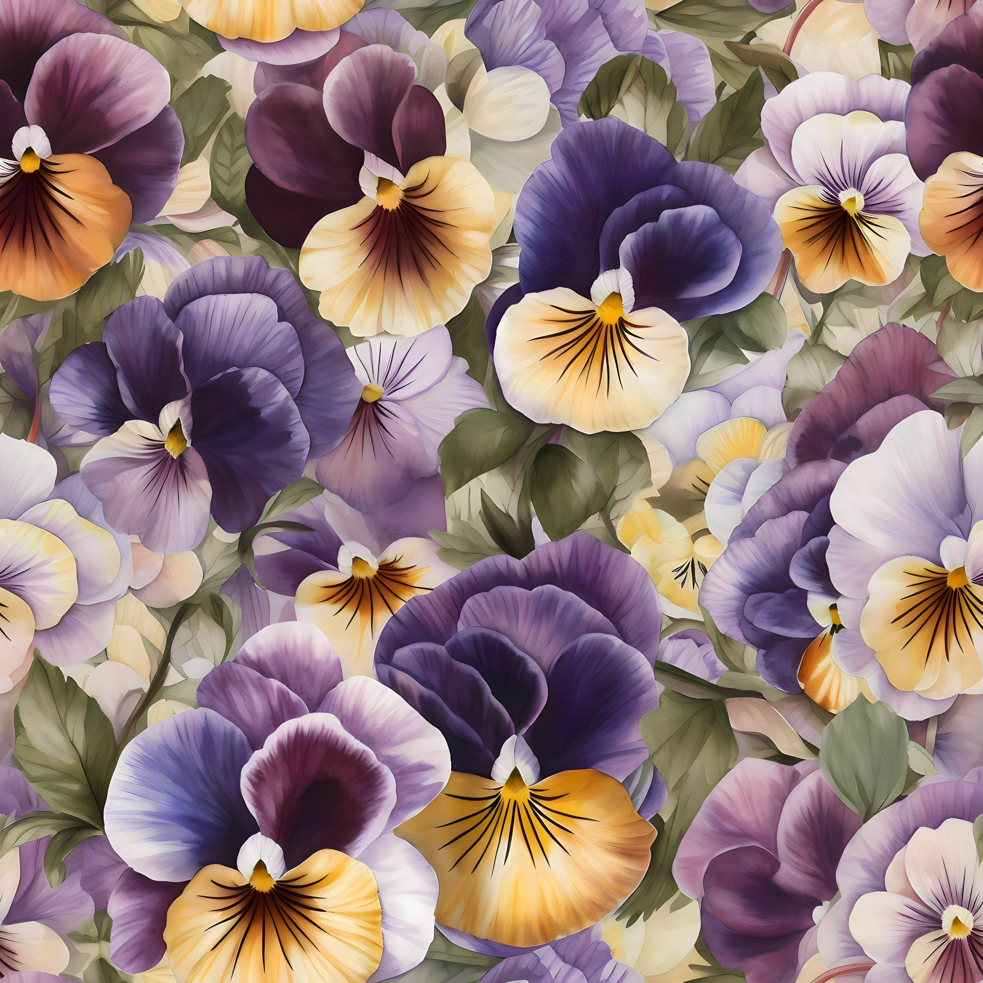 pansy flowers, purple petals, yellow petals, orange accents, green leaves, floral pattern, botanical design, realistic flowers,, fabric panel, garden flowers, spring blooms, violet shades, cream petals, densely packed, overlapping blooms, nature motif, flower faces, delicate petals, vibrant colors