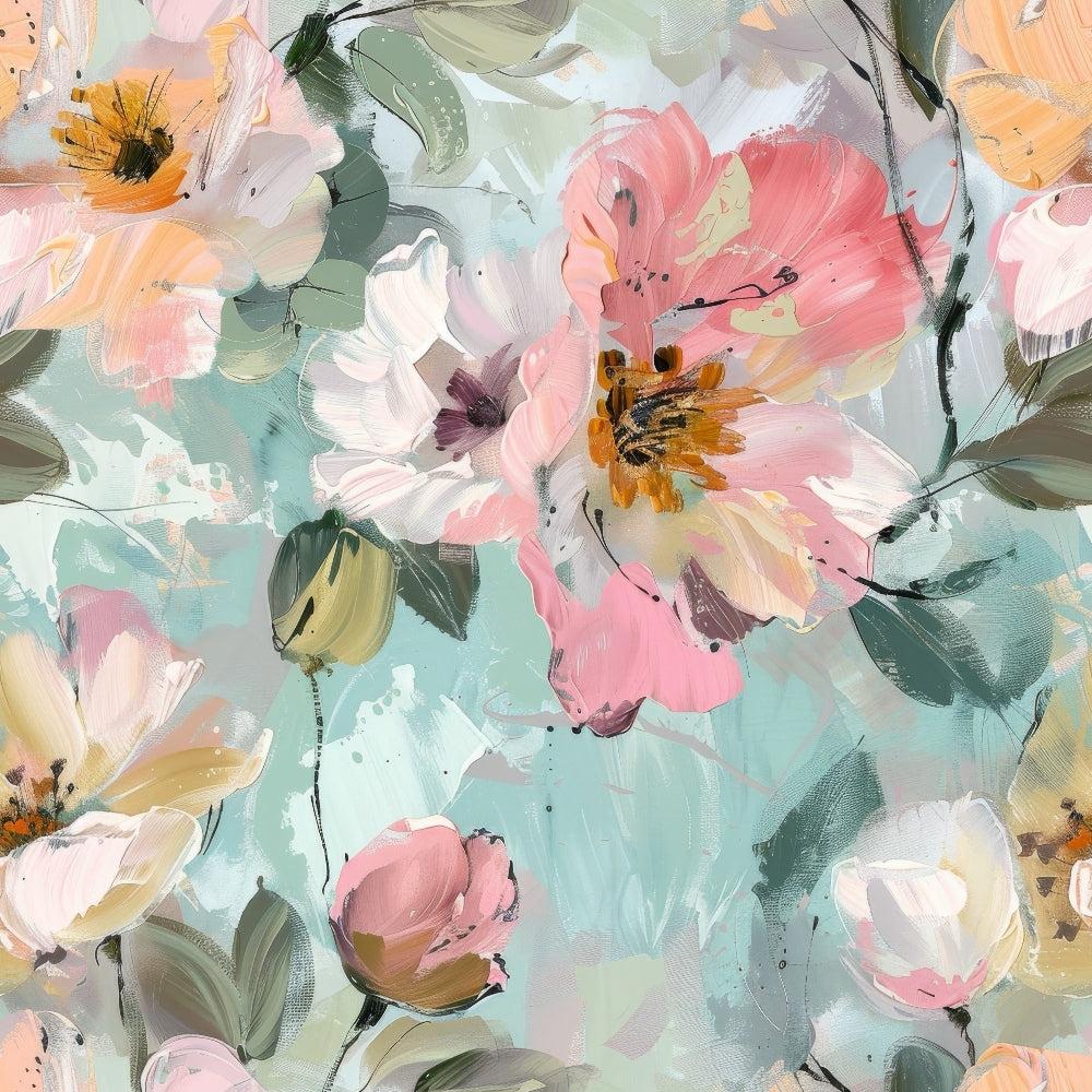 Abstract floral painting with pink, white, and peach flowers on a teal and green background, featuring bold brushstrokes and expressive detailing.