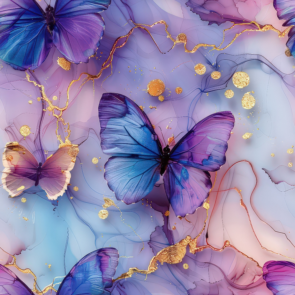 Butterflies with blue and purple wings on an abstract background featuring gold accents and flowing, pastel colors.