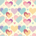 Pattern of overlapping hearts in pastel colors on a light background. Hearts are pink, blue, yellow, and purple, in various sizes.