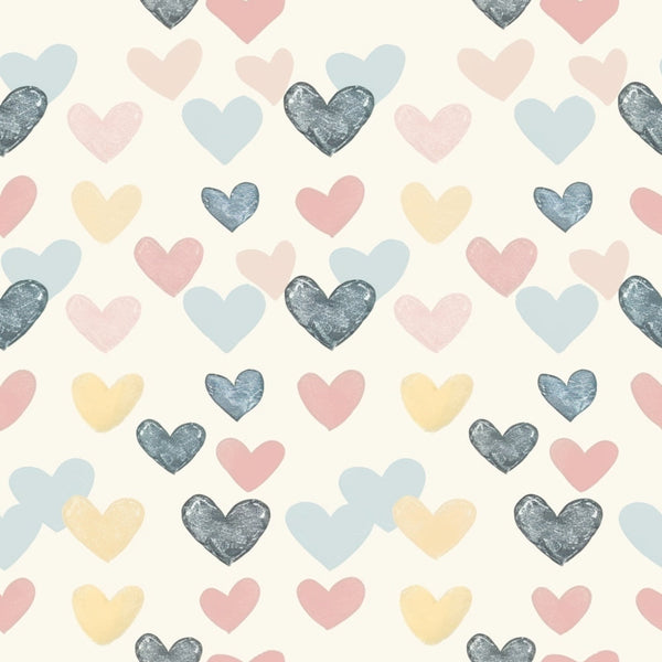 Pattern of hearts in pink, blue, yellow, and dark gray on a light background, arranged in a scattered formation.