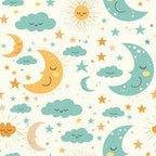 Pattern with smiling moons, suns, clouds, and stars in shades of yellow, teal, and orange on a light background.