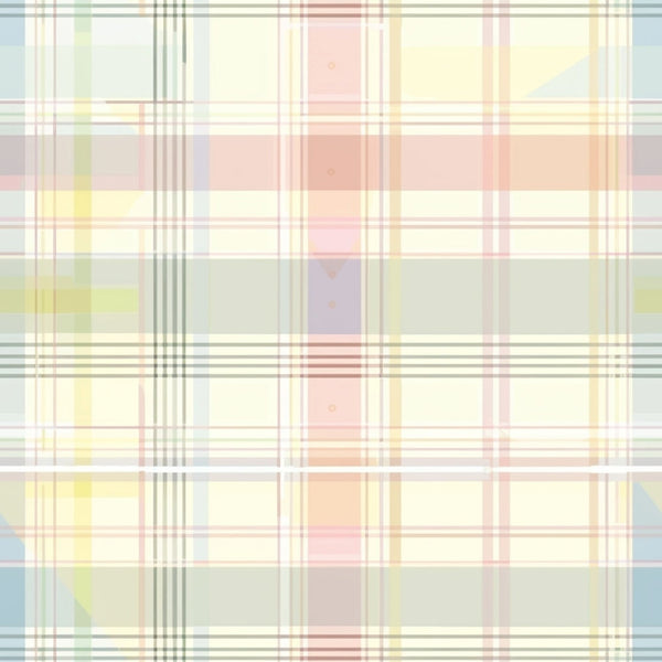 Pastel-colored plaid pattern with intersecting vertical and horizontal lines in soft hues of yellow, pink, and blue on a light background.