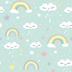 Pastel pattern with rainbows, smiling clouds, stars, and crescent moons on a light blue background.