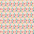 A pattern of multicolored, randomly arranged teardrop shapes in pink, red, blue, yellow, and beige on a light background.