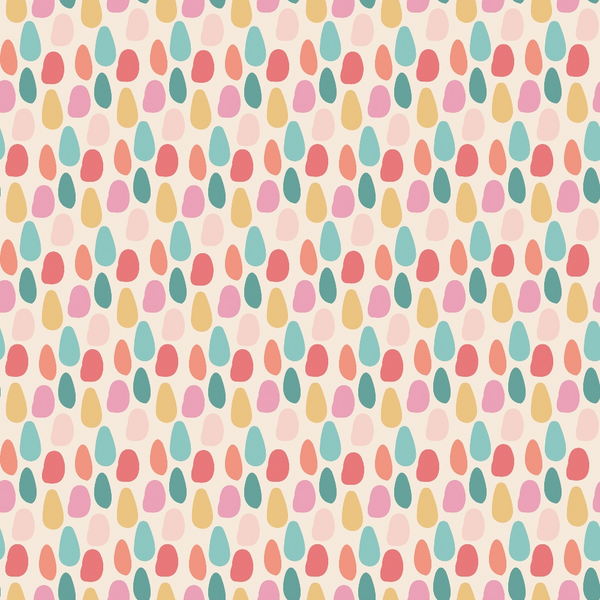 A pattern of multicolored, randomly arranged teardrop shapes in pink, red, blue, yellow, and beige on a light background.