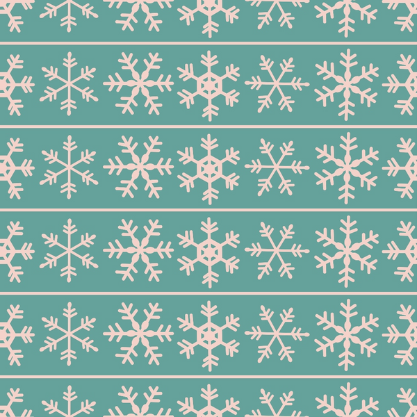 Pattern of pink snowflakes on a teal background, arranged in horizontal rows.