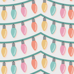 Pattern of colorful string lights with pastel bulbs in rows on a white background.