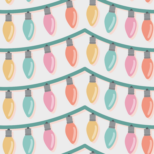 Pattern of colorful string lights with pastel bulbs in rows on a white background.