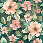 Seamless pattern of pink flowers and green leaves on a dark background.