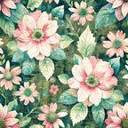 A floral pattern with pink and white flowers and green leaves on a textured green background.