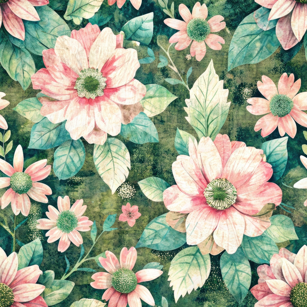 A floral pattern with pink and white flowers and green leaves on a textured green background.
