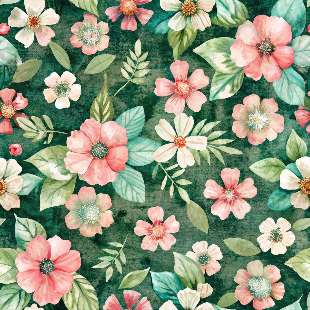 Floral pattern with pink and white flowers, green leaves, and a dark green background.