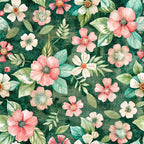 Floral pattern with pink and white flowers, green leaves, and a dark green background.
