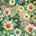 Vintage floral pattern featuring large pink and white flowers with green leaves on a textured background, resembling weathered paper with script.