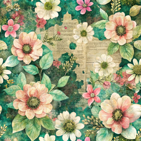 Vintage floral pattern featuring large pink and white flowers with green leaves on a textured background, resembling weathered paper with script.