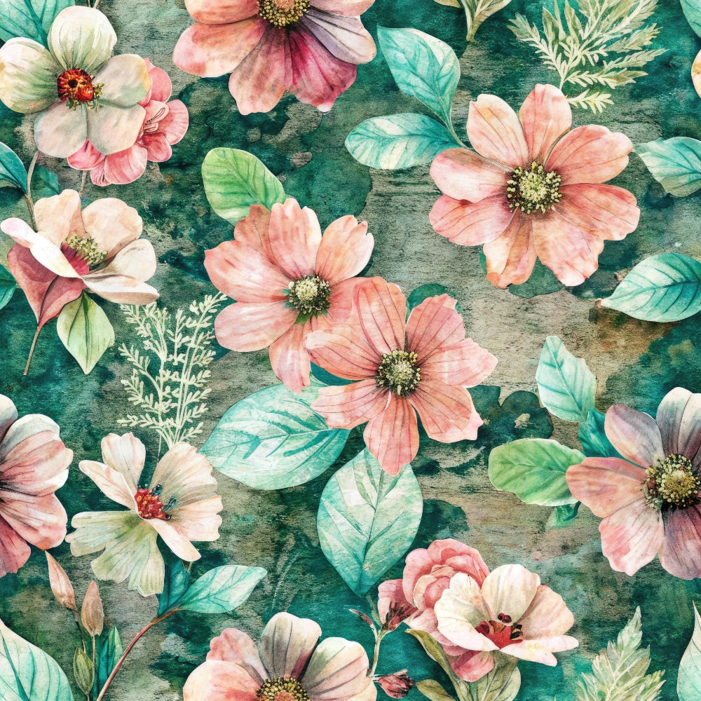 Watercolor painting of pink and white flowers with green leaves on a textured green background.