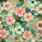 Vintage floral pattern with pink and white flowers, green leaves, and faded manuscript text in the background.