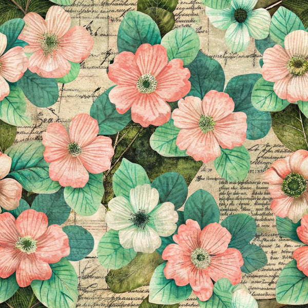 Vintage floral pattern with pink and white flowers, green leaves, and faded manuscript text in the background.