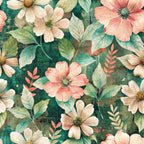 A floral pattern featuring pink and white flowers with green leaves on a textured, greenish background.