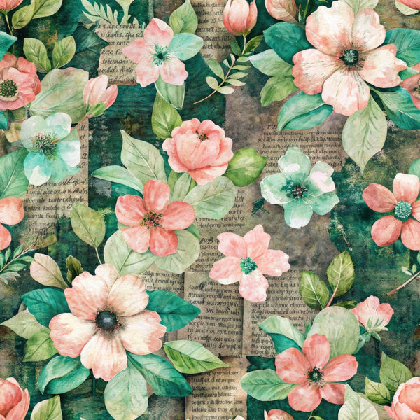 Floral pattern with pink and teal flowers, green leaves, and faint text background in a vintage style.