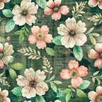 Floral pattern with vintage-style flowers and leaves on a textured green background. The flowers are pink and white, surrounded by various green leaves.