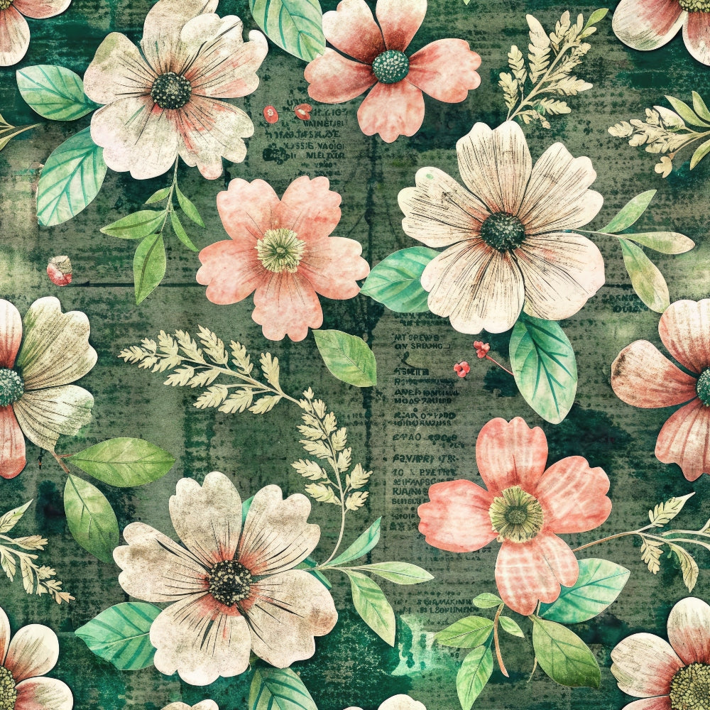 Floral pattern with vintage-style flowers and leaves on a textured green background. The flowers are pink and white, surrounded by various green leaves.