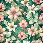 Floral pattern with pink and white flowers and green leaves on a teal background.