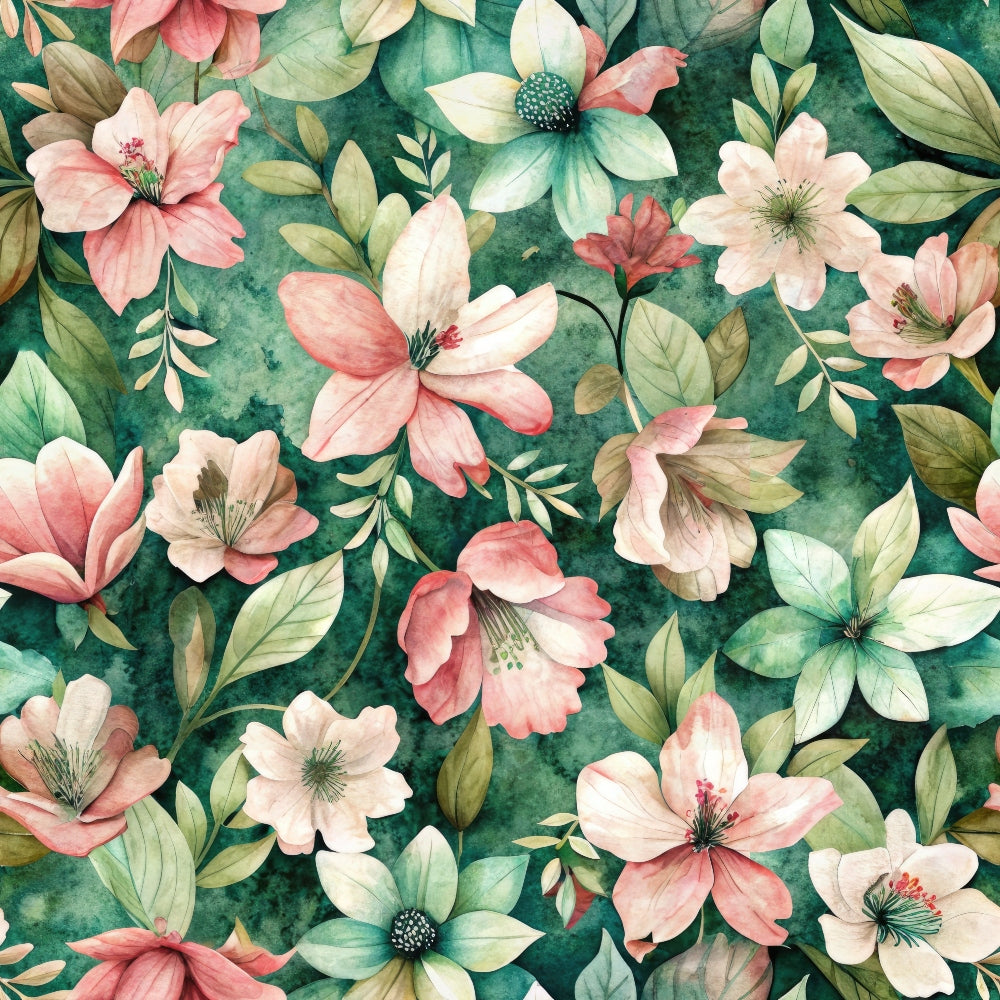 Pattern of watercolor pink and white flowers with green leaves on a textured green background.