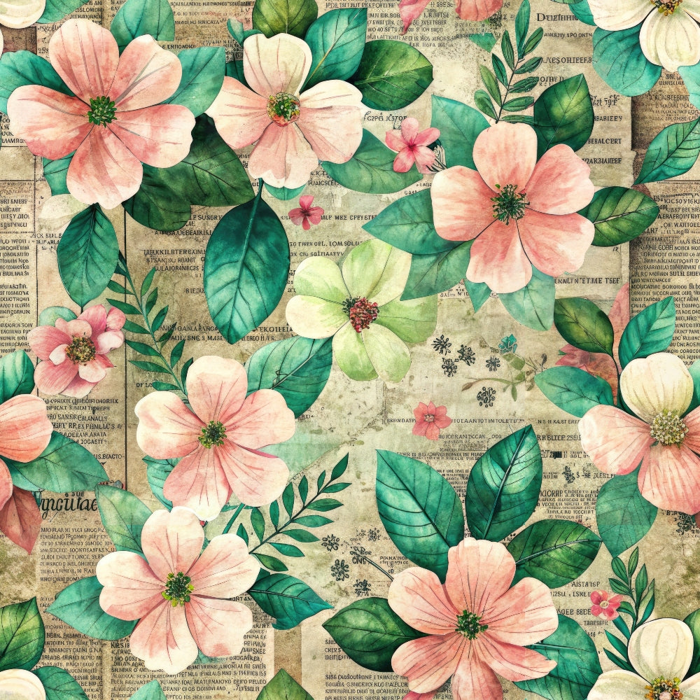 Illustrated pink and green flowers with leaves overlay on vintage newspaper background.