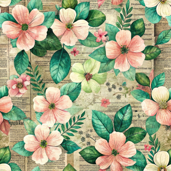 Illustrated pink and green flowers with leaves overlay on vintage newspaper background.