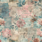 pastel pink, dusty blue, sage green, vintage floral, roses, peonies, botanical elements, leaves, grunge texture, watercolor wash, distressed appearance, nostalgic mood, romantic style, shabby chic,, fabric panel, soft colors, faded aesthetic, layered design, dreamy atmosphere