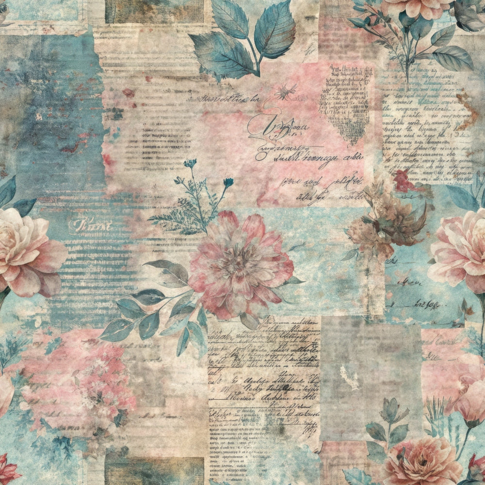 pastel pink, dusty blue, sage green, vintage floral, roses, peonies, botanical elements, leaves, grunge texture, watercolor wash, distressed appearance, nostalgic mood, romantic style, shabby chic,, fabric panel, soft colors, faded aesthetic, layered design, dreamy atmosphere