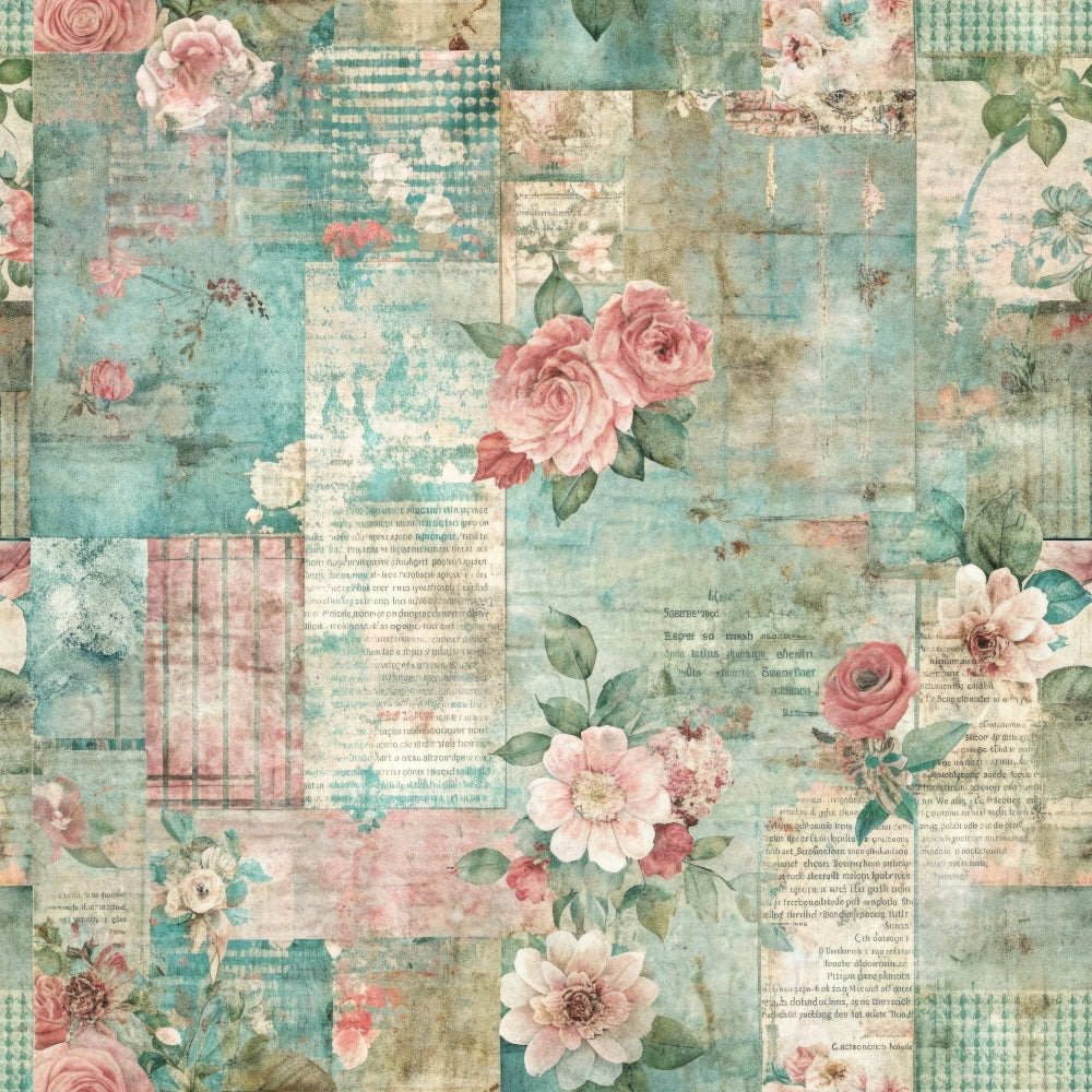 pastel pink, sage green, cream, beige, vintage roses, floral motifs, patchwork squares, distressed texture, shabby chic, grunge aesthetic, nostalgic mood,, fabric panel, botanical elements, faded appearance, layered design, soft tones, romantic florals, weathered look, cottage core