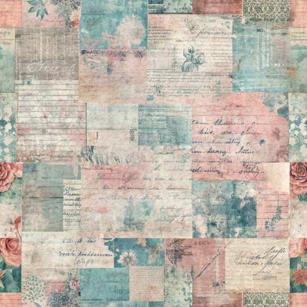 pastel pink, sage green, cream, beige, vintage patchwork, distressed textures, floral motifs, roses, handwritten script, aged paper, grunge aesthetic, nostalgic mood,, fabric panel, weathered appearance, soft pastels, botanical elements, romantic style, shabby chic, patchwork blocks