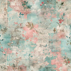 pastel colors, grunge texture, vintage style, faded appearance, mint green, dusty pink, cream white, botanical elements, pressed flowers, delicate leaves, small branches, weathered background, distressed finish, soft watercolor, romantic mood,, fabric panel, shabby chic, feminine design, nostalgic pattern