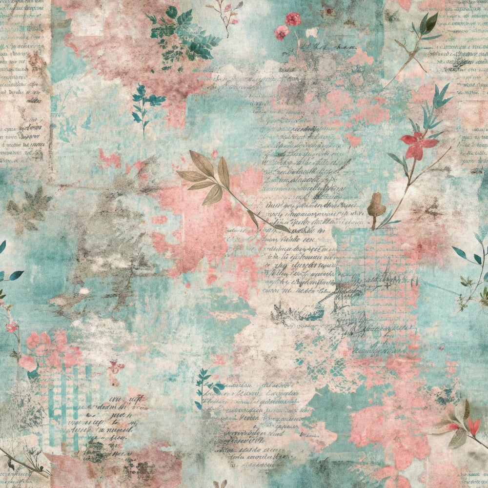 pastel colors, grunge texture, vintage style, faded appearance, mint green, dusty pink, cream white, botanical elements, pressed flowers, delicate leaves, small branches, weathered background, distressed finish, soft watercolor, romantic mood,, fabric panel, shabby chic, feminine design, nostalgic pattern