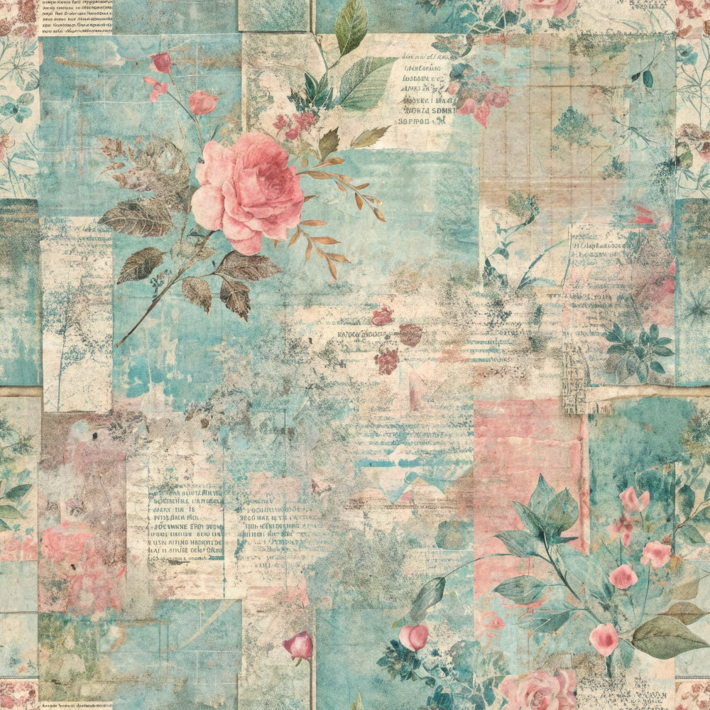 pastel pink, dusty blue, sage green, cream beige, vintage roses, floral motifs, botanical elements, distressed texture, weathered appearance, grunge aesthetic, nostalgic mood, shabby chic, faded newspaper, layered collage, romantic florals,, fabric panel, soft pastels, aged patina, dreamy atmosphere