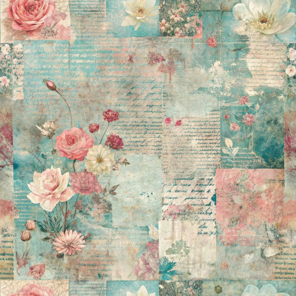 pastel pink, sage green, cream, dusty blue, vintage roses, peonies, wildflowers, botanical motifs, patchwork squares, distressed texture, shabby chic, romantic florals, faded manuscript, weathered background, nostalgic mood,, fabric panel, soft pastels, cottage core, floral collage