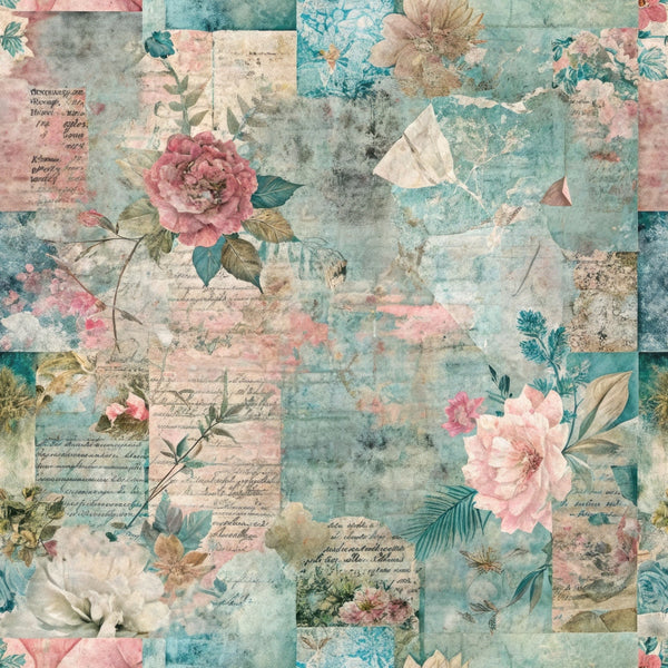 pastel colors, grunge texture, vintage aesthetic, floral motifs, pink flowers, teal blue, sage green, cream accents, distressed finish, botanical elements, roses, leaves, patchwork design,, fabric panel, aged appearance, soft palette, romantic florals, weathered texture, mixed media style
