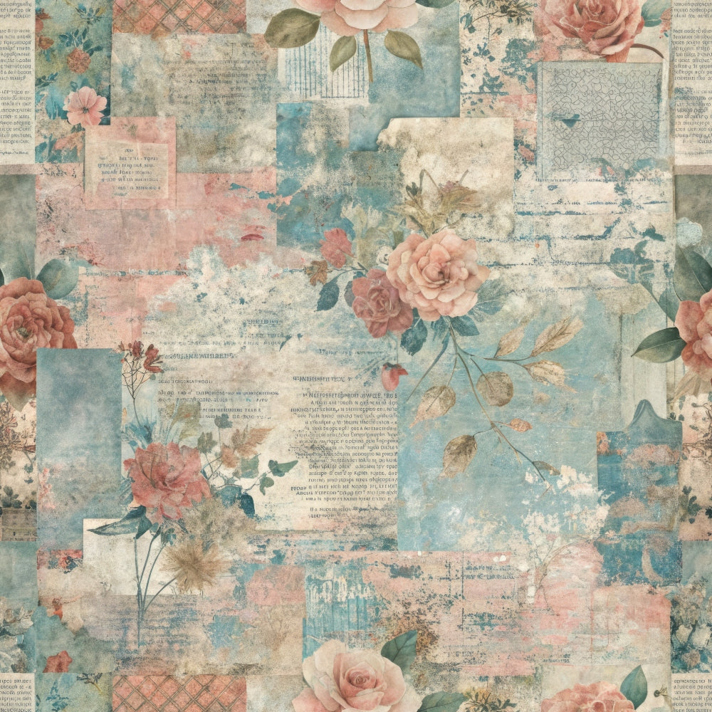 pastel colors, vintage roses, grunge texture, nostalgic collage,, fabric panel, weathered papers, soft pink, dusty blue, cream tones, floral motifs, distressed elements, romantic style, shabby chic, aged documents, botanical illustrations, muted palette, layered design, cotton fabric, vintage aesthetic