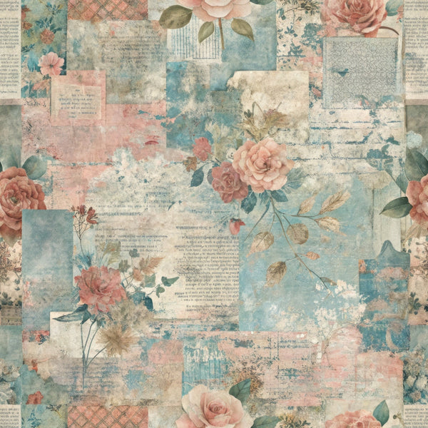 pastel colors, vintage roses, grunge texture, nostalgic collage,, fabric panel, weathered papers, soft pink, dusty blue, cream tones, floral motifs, distressed elements, romantic style, shabby chic, aged documents, botanical illustrations, muted palette, layered design, cotton fabric, vintage aesthetic