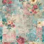 pastel colors, vintage roses, grunge texture, nostalgic aesthetic, turquoise blue, dusty pink, cream white, floral motifs, distressed paper, handwritten script, weathered appearance, romantic flowers, faded documents, mixed media collage,, fabric panel, shabby chic, watercolor effect, aged patina, botanical elements