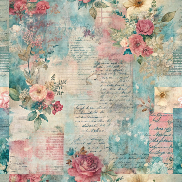 pastel colors, vintage roses, grunge texture, nostalgic aesthetic, turquoise blue, dusty pink, cream white, floral motifs, distressed paper, handwritten script, weathered appearance, romantic flowers, faded documents, mixed media collage,, fabric panel, shabby chic, watercolor effect, aged patina, botanical elements