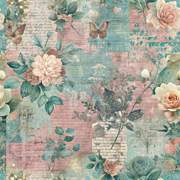 pastel pink, sage green, dusty blue, vintage roses, butterflies, floral motifs, grunge texture, distressed background, botanical elements, nostalgia pattern,, fabric panel, shabby chic, weathered aesthetic, romantic florals, mixed media collage, soft pastels, vintage inspired, cotton fabric, quilting material