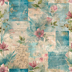 turquoise, dusty pink, sage green, cream, beige, tropical flowers, palm fronds, vintage script, grunge texture, botanical elements, watercolor style, aged paper, nostalgic mood,, fabric panel, layered design, faded aesthetic, soft pastels, nature motifs, distressed finish