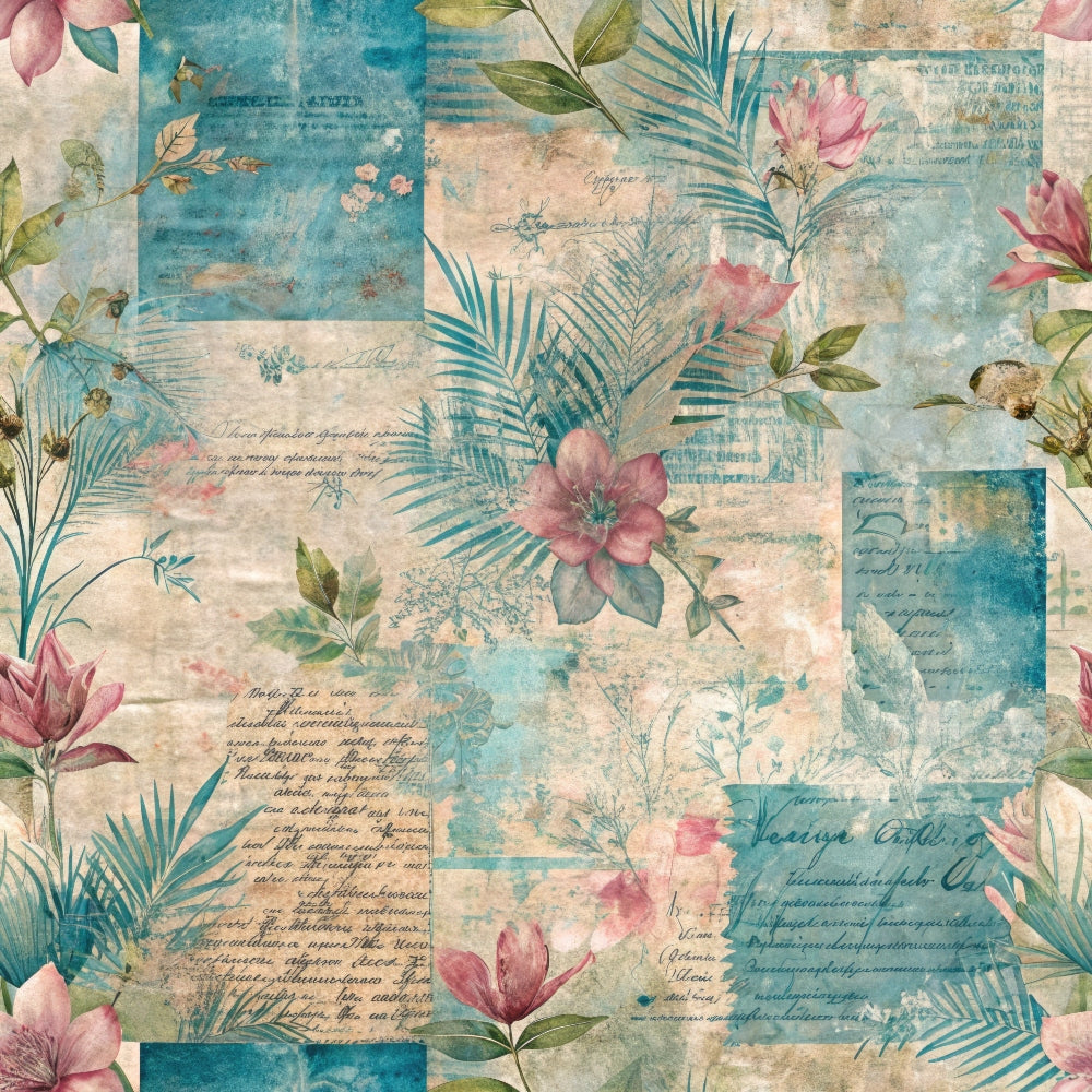 turquoise, dusty pink, sage green, cream, beige, tropical flowers, palm fronds, vintage script, grunge texture, botanical elements, watercolor style, aged paper, nostalgic mood,, fabric panel, layered design, faded aesthetic, soft pastels, nature motifs, distressed finish