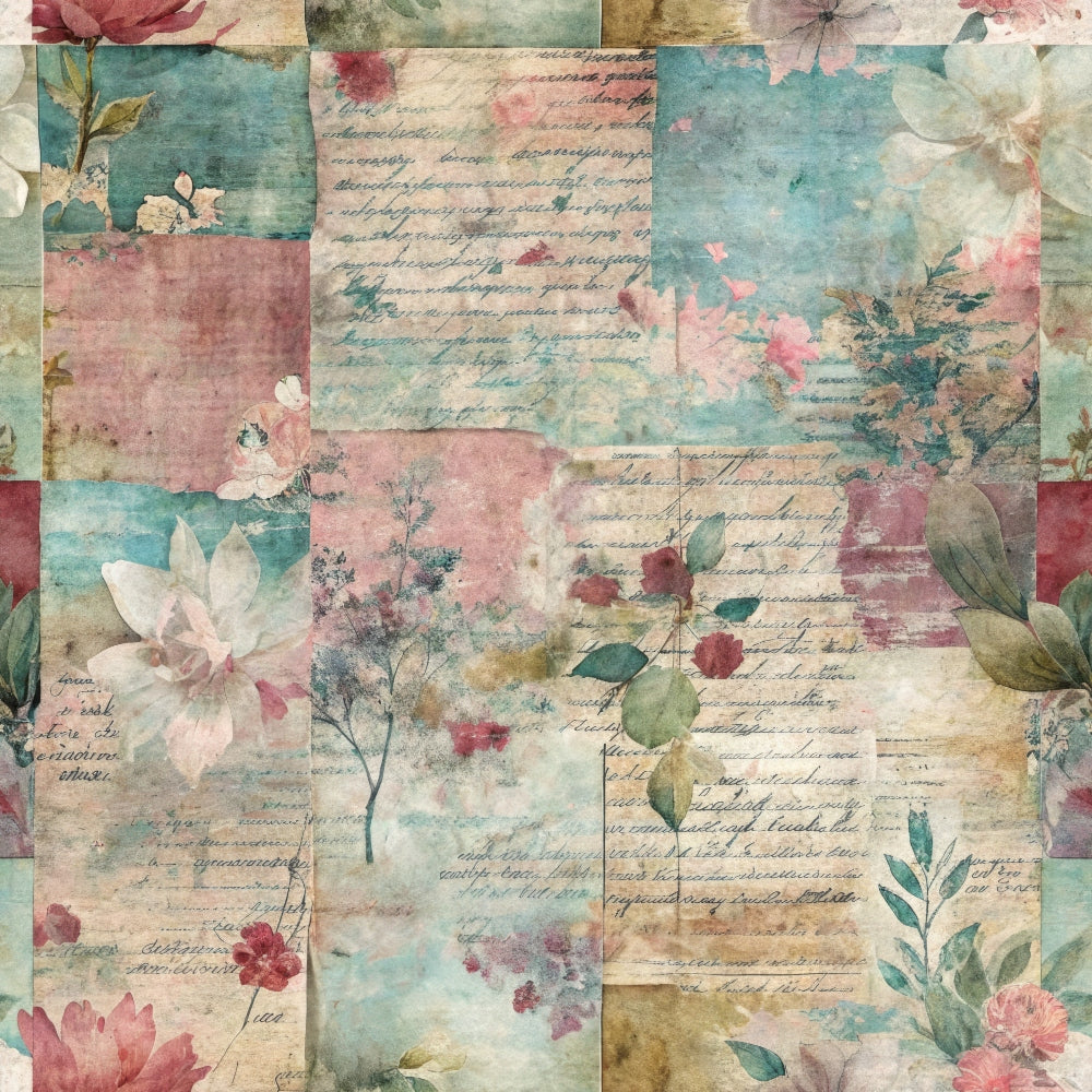 dusty pink, sage green, teal blue, cream beige, watercolor wash, vintage flowers, botanical elements, handwritten script, patchwork squares, grunge texture, faded aesthetic, nostalgic mood,, fabric panel, shabby chic, distressed finish, floral motifs, mixed media collage, soft pastels, romantic style